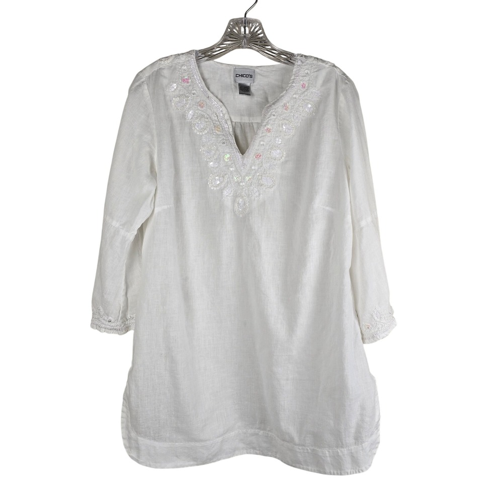 Chico's Size 1 White Linen Cotton Blend Embellished Tunic Top Sequin V-Neck